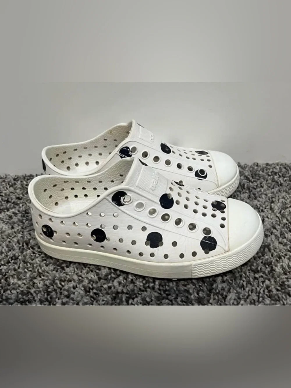 Native Waterproof Kids White Slip-On Perforated Black Dot Sneakers Size J2